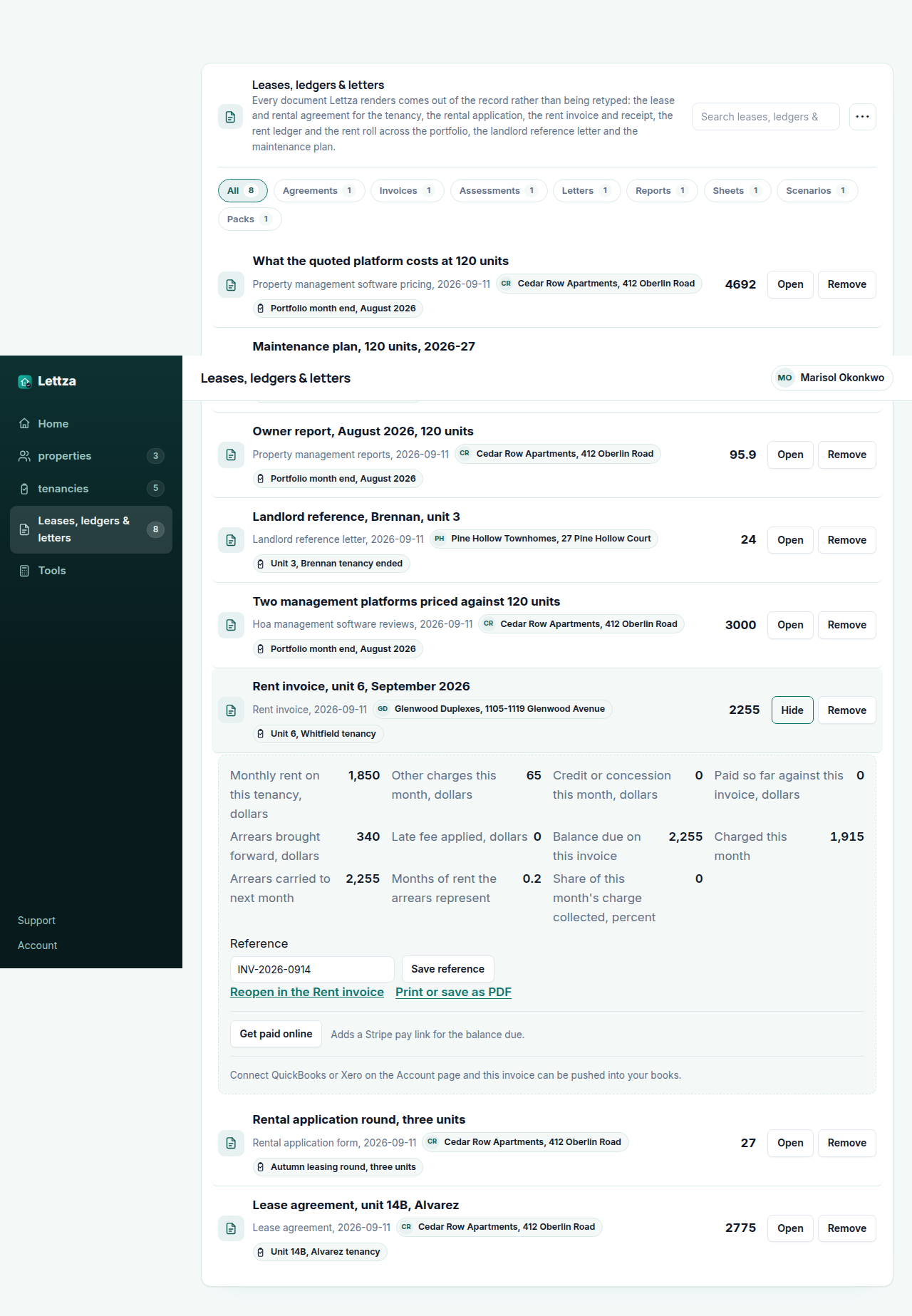 The Lettza workspace signed in, with a saved Rent invoice open for Unit 2 at 118 Fairmount Avenue covering November 2026: rent of $1,850 due on 1 November, a carried balance of $120 from October shown on its own line, a $1,970 total and the payment methods