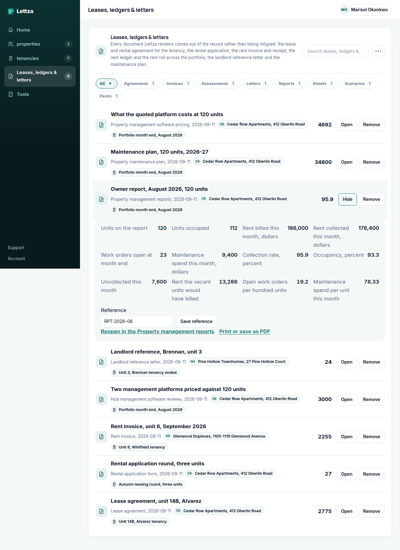 The Lettza workspace signed in, with a saved Property management report pack open for November 2026 across an eleven unit portfolio: the rent roll, $19,400 charged against $18,130 collected, three arrears balances aged from their due dates, one vacant unit and six work orders with two still open