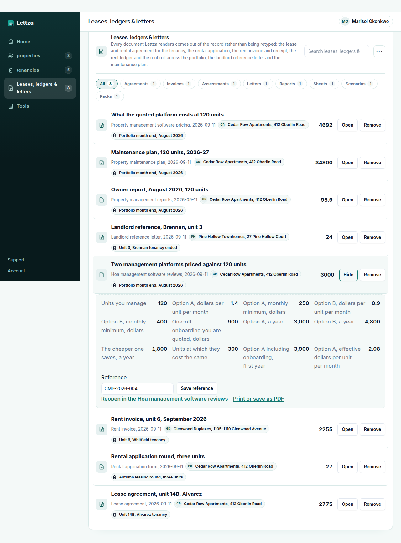 The Lettza workspace signed in, with a saved HOA management software comparison open: three quotes entered against nine required jobs for 240 units across four associations, each totalled over a 36 month term with setup, and the jobs each quote does not cover marked