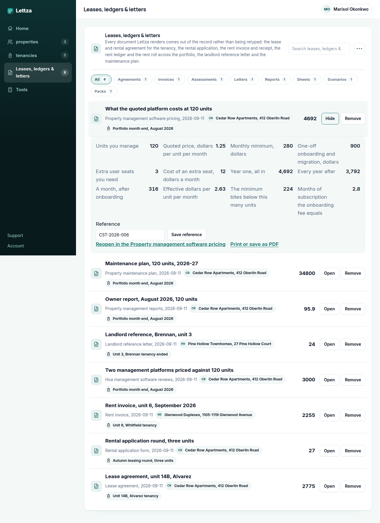 The Lettza workspace signed in, with a saved Property management software pricing comparison open: 40 units growing to 90 over a 36 month term, a per-unit quote with a monthly minimum beside a flat quote, setup fees and two add-ons, totalled over the term and shown as cost per unit per month at both unit counts
